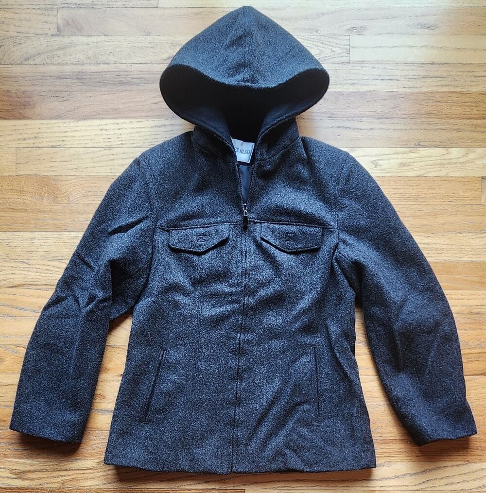 Charles Klein Women’s Coat Wool Gray Zips Hooded Fitted Lined Pocket Size Medium